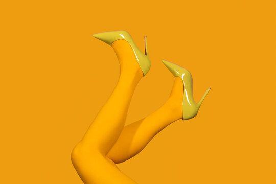 Woman's legs in yellow tights and high heels on yellow background