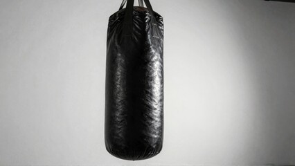 Black leather punching bag hanging against gray background