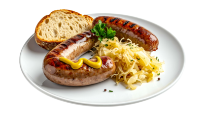 Grilled sausages with sauerkraut, mustard, parsley, and bread on a white plate