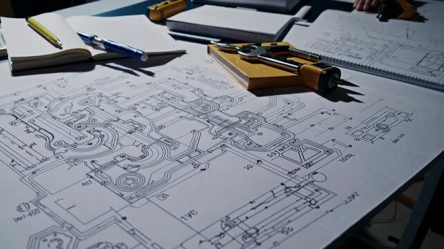 Engineering blueprint technical drawing with drafting tools, notebook, and pen table showcasing precision, creativity, innovation, planning
