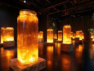 Bright jars with orange liquid in a dark art gallery space during an exhibition in the evening hours
