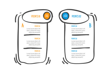 hand drawn doodle sketch comparison concept for infographic template banner with vertical tall box container with ellipse header badge top with two point list information