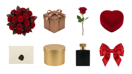 Romantic gift set including red roses, chocolate box, perfume bottle, envelope, and satin bow isolated. Valentines day and anniversary celebration collection.