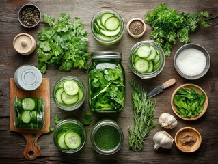 Making pickles with fresh cucumbers and herbs on a wooden table in a home kitchen during daytime