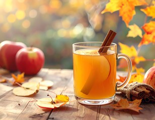 Steaming beverage with apple slice and cinnamon stick, on wooden table with fall foliage