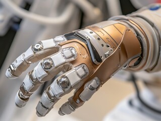 Robotic hand on display at technology exhibition featuring advancements in artificial intelligence and robotics