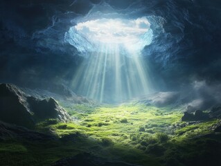 Light shines from the sky through a cave opening at midday illuminating green grass below