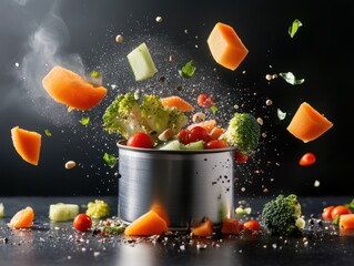 Fresh vegetables jumping into a pot during cooking in a kitchen with dark background
