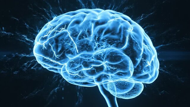Electric blue human brain with neural lightning and glowing synapse activity dark background neuroscience illustration medical concept cognitive energy neural network cortex cerebellum anatomy