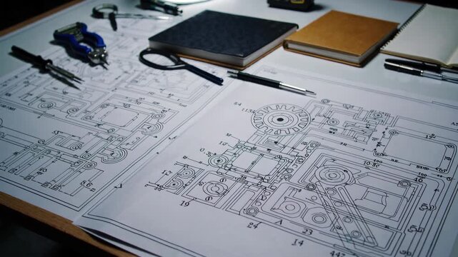 Precision, creativity, innovation, and planning are demonstrated through an engineering blueprint drawing with drafting tools, notebook, and pen table