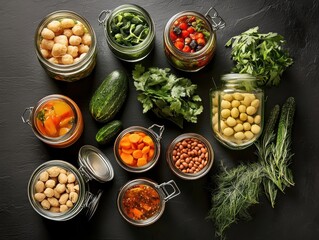 Fresh vegetables and herbs arranged in glass jars on a dark tabletop in a kitchen setting