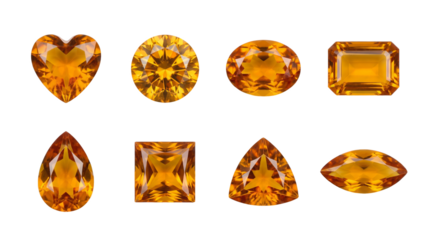 Yellow citrine gemstone set including heart, round, oval, emerald, pear, princess, trillion, and marquise cuts isolated. Jewelry design and luxury gemstone collection.