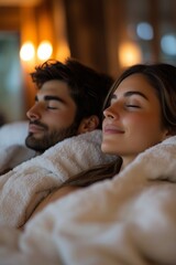Fototapeta premium Relaxed couple enjoying peaceful time together in cozy and calm setting. Wellness, spa campaign ad