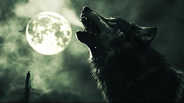 A fierce wolf howling at a full moon in a dark, atmospheric scene.