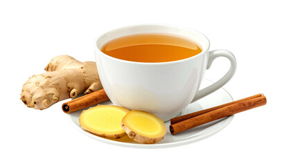 A white teacup & saucer filled with golden tea, ginger slices, and cinnamon sticks