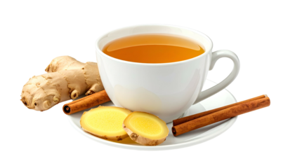 A white teacup & saucer filled with golden tea, ginger slices, and cinnamon sticks
