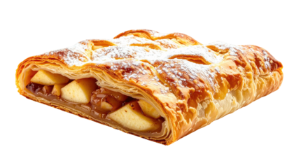 A single serving of delicious dessert pastry filled with spiced apples and dusted with powdered sugar