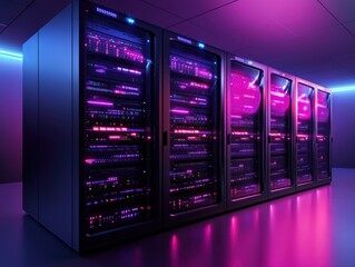 Servers with colorful lights in a data center during nighttime