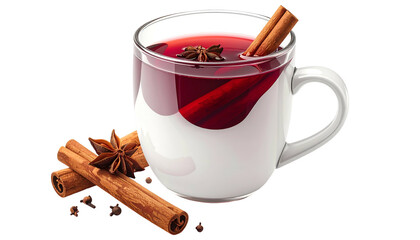 Clear mug of warm red drink with cinnamon sticks and star anise, against black background