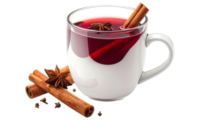 Clear mug of warm red drink with cinnamon sticks and star anise, against black background