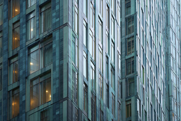 Modern glass building facade with repetitive rectangular window pattern reflecting light, creating sleek and professional urban architectural design in cool tones