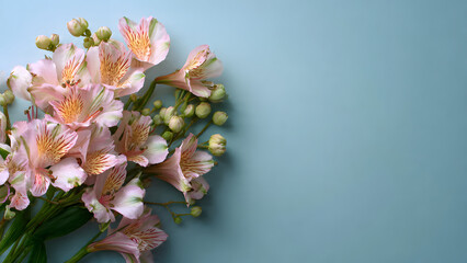 Professional studio photography of a delicate floral bouquet featuring pale pink and peach alstroemeria lilies and small, soft green flower buds, laid flat on a smooth, solid powder blue background. 