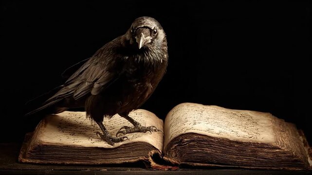 A crow perched on an ancient open book in a dark, mystical setting.