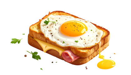 A layered sandwich of toasted bread, ham, cheese, and a fried egg, garnished with parsley