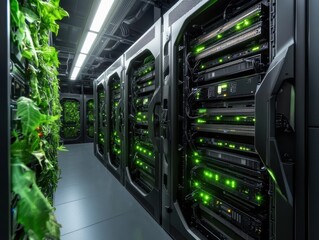 Server room with green technology and plants showcasing modern data solutions in a tech environment