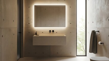 soft brutalism bathroom interior featuring raw concrete walls with a warm beige undertone
