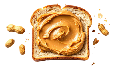 A single slice of bread slathered with creamy spread, surrounded by loose nuts on black background