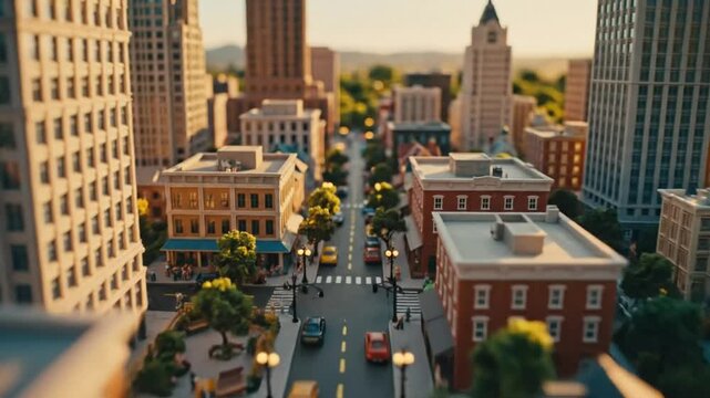 Miniature cityscape street scene with toy buildings and cars showcasing urban architecture in a diorama