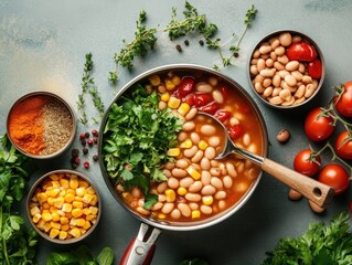 Vegetable soup preparation with beans, corn, and herbs on a kitchen counter