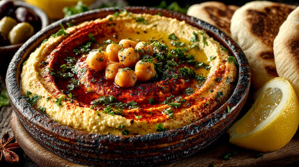 Traditional hummus bowl with chickpeas parsley and paprika