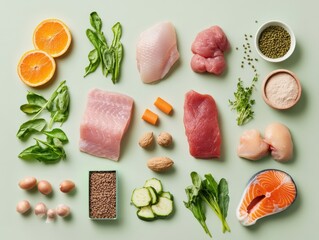 Fresh ingredients arranged on a green surface for meal preparation in a kitchen setting