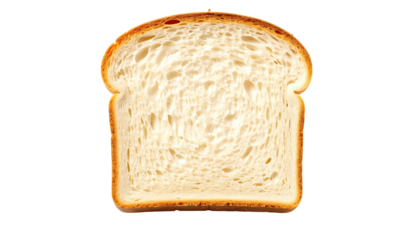 A single slice of fresh bread, showing the interior texture and golden crust, isolated on black