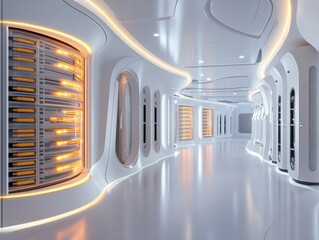 Modern data center with storage racks and illuminated pathways in a high-tech facility