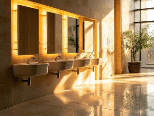 Modern restroom design with four sinks and large windows allowing sunlight at a public building