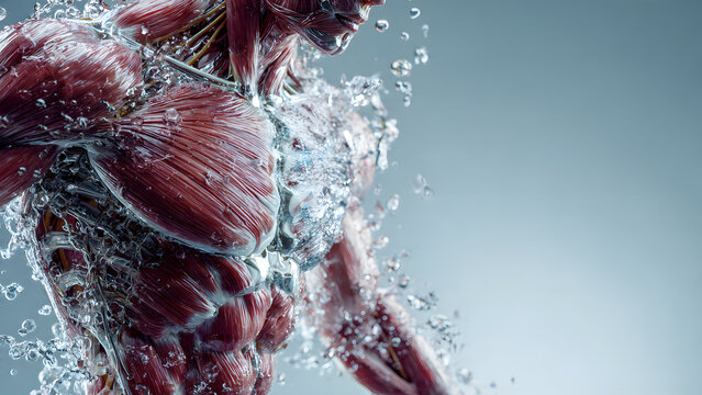 A hyper-realistic 3D anatomical render of a muscular male torso, where the body is artistically bisected to reveal detailed crimson muscle fibers and a metallic chrome skeletal structure underneath.