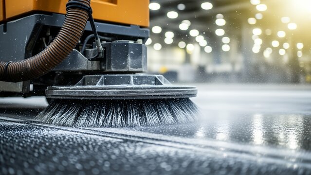 Close up of rotating brush cleaning industrial floor in action