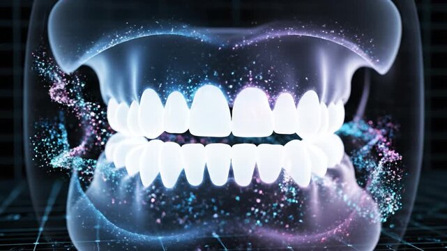 Glowing dental arch and glowing dental scan merge into glowing digital teeth panorama showing translucent jaw and bright tooth dentition, oral anatomy visualization with glowing translucent jaw