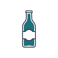 Teal glass bottle with white label, isolated on white background, flat design.