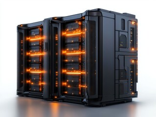 High-tech data server with multiple storage units and glowing lights in a modern setting