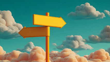 A minimalist 3D render of two blank, bright yellow directional arrow signs mounted on a single orange-yellow pole, pointing left against a vibrant turquoise-cyan sky filled with soft