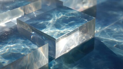 clear glass blocks arranged in a pool, creating shimmering reflections and light patterns Concept Glass Block Pool, Shimmering Reflections, Light Pattern Play, Prismatic Water Textures