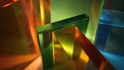 Abstract arrangement of colorful translucent prisms in rainbow hues with bright reflections. Concept Abstract Prism Arrangement, Colorful Translucent Prisms, Rainbow Reflections