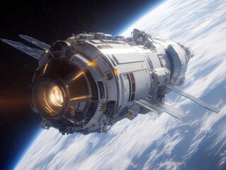 Spacecraft orbits Earth during daylight over clouds and ocean in low orbit showing lights and details of the structure