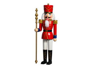 A wooden, festive figurine of a soldier in a red coat, holding a staff