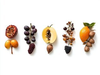 Different types of fruits arranged on a white surface showing their unique colors and shapes in a simple layout