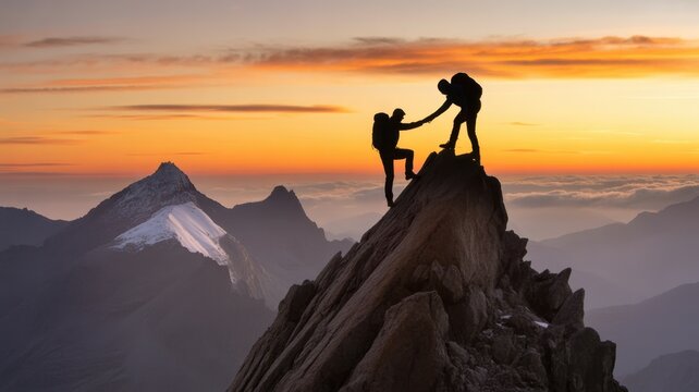 Reaching New Heights: Two silhouetted figures collaborate on a rugged mountain peak as the sun sets, depicting the spirit of teamwork and mutual support in reaching ambitious goals